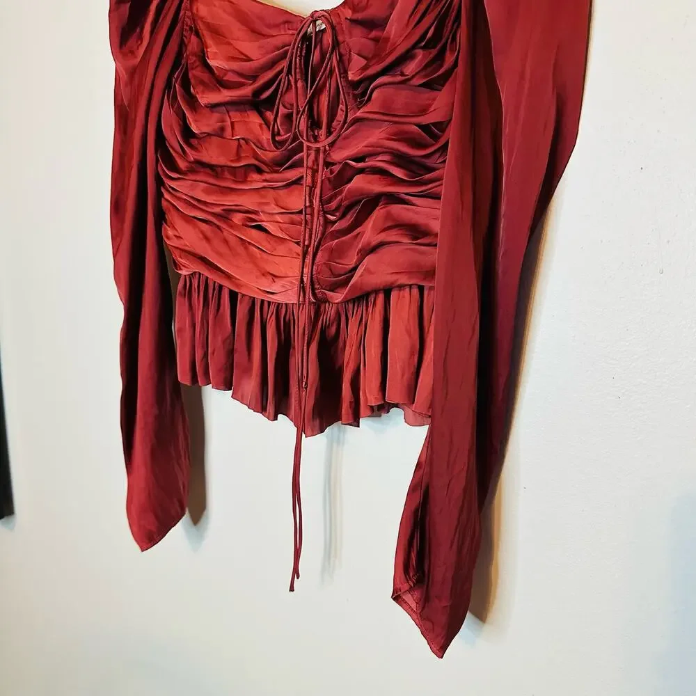 ULLA JOHNSON Women's Red Satin Halter Neck Mirelle Peplum Puff Blouse Size 10
